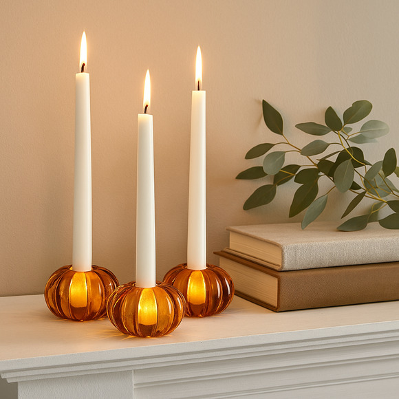 Williams Sonoma Amber Orange Glass Pumpkin Reversible Candle Holders Set of 3 - Picture 1 of 8